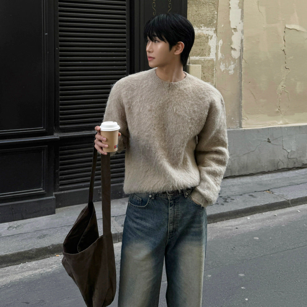 Mohair Pullover Warm Loose-Fit Crew-Neck Sweater For Cold Weather